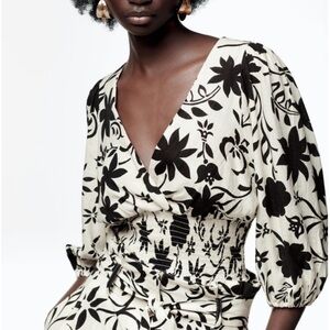 Zara Women Floral Print Linen Blend V-Neck Balloon Sleeves Top Sz M Wide Smocked
